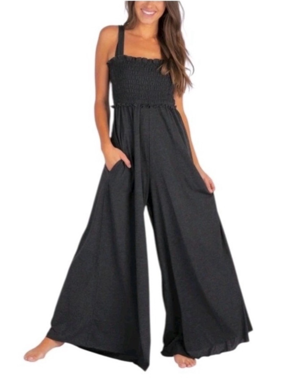 NATURAL LIFE Charcoal Wide-Leg Smocked Jumpsuit